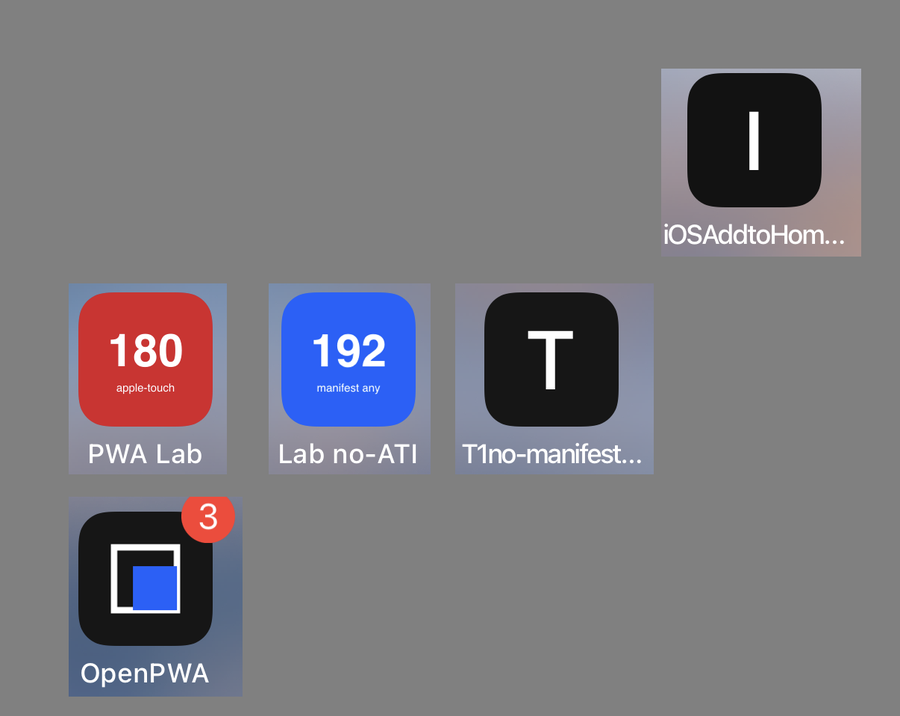 Crop of the iPhone Home Screen with five test icons: a red tile labelled 180 apple-touch for PWA Lab, a blue tile labelled 192 manifest any for Lab no-ATI, black letter tiles T and I for the two pages without icons, and the OpenPWA demo icon with a red badge showing 3. Other apps are blanked in grey.