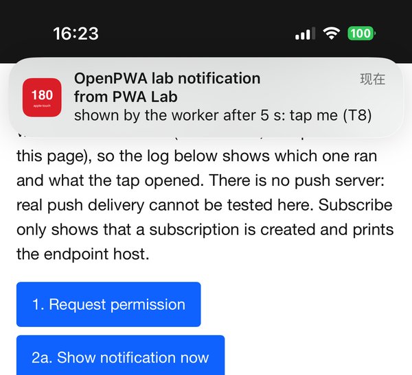 iPhone screenshot of a notification banner from PWA Lab reading OpenPWA lab notification, shown by the worker after 5 s: tap me (T8), displayed over the lab app's notification page while the app is in the foreground.