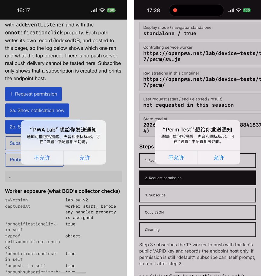 Two iPhone screenshots side by side. Left: the PWA Lab notification page with the Chinese system prompt asking to allow notifications from PWA Lab, with the buttons 不允许 and 允许. Right: a frame of the screen recording of the Perm Test app with the same kind of prompt for Perm Test over its state panel.
